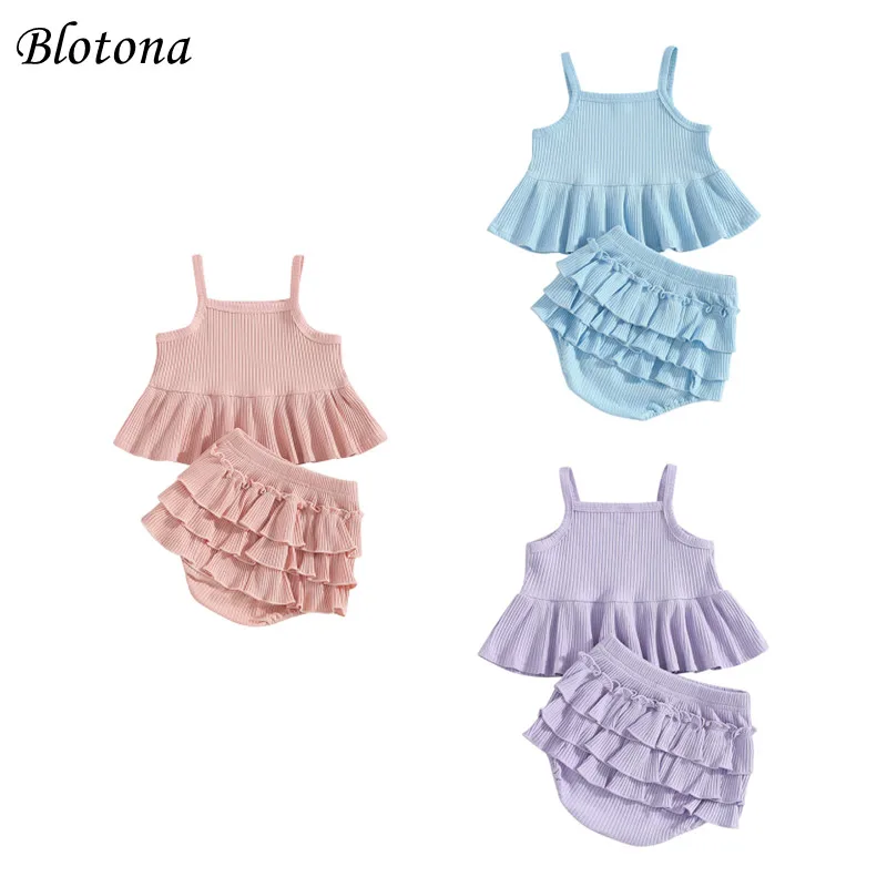 Blotona Baby Girls Summer 2Pcs Shorts Sets Solid Color Sleeveless Cami Tops Tiered Ruffle Shorts Casual Outfits