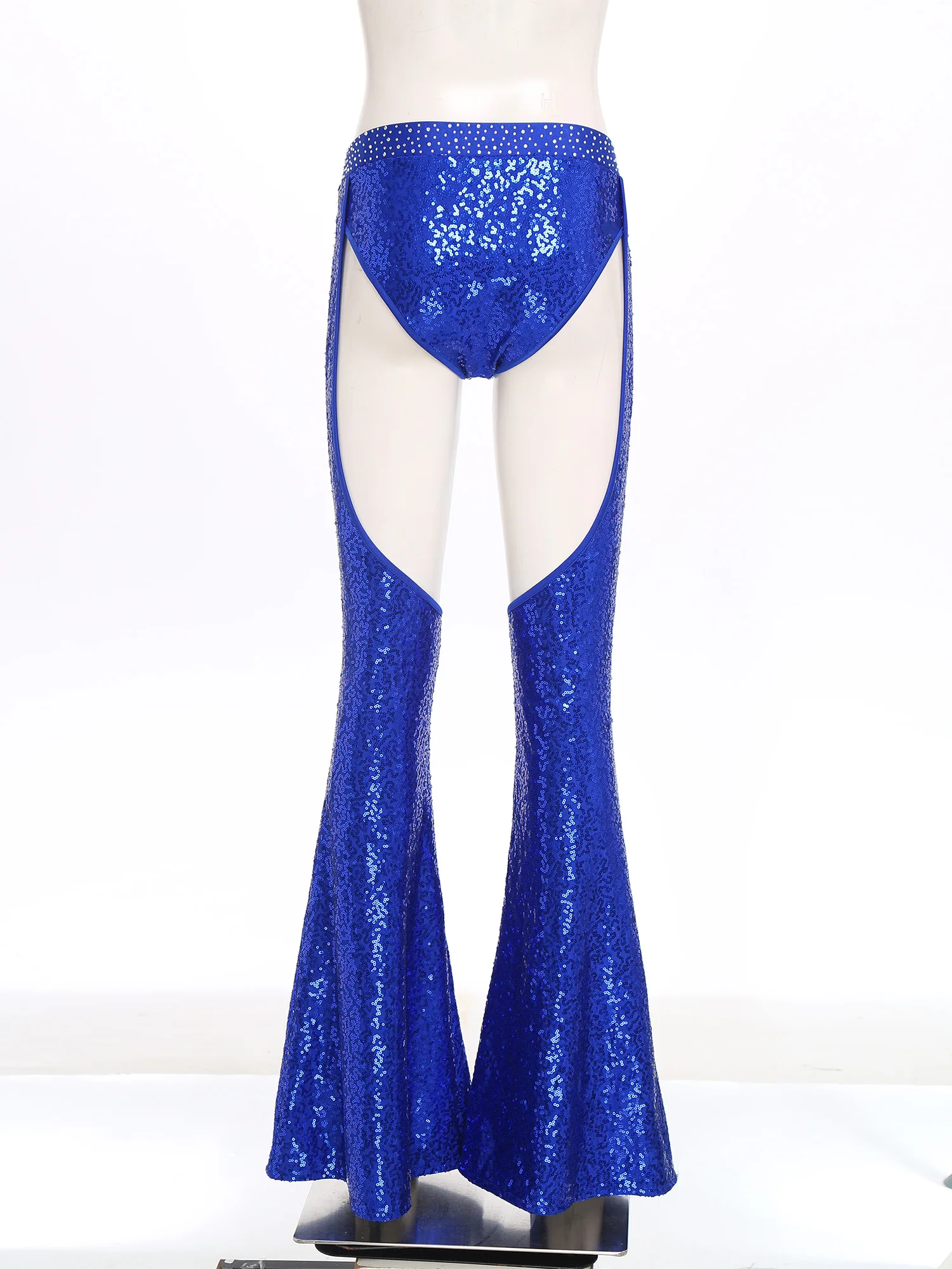 여성용 반짝이 스팽글 컷아웃 플레어 팬츠 섹시 70년대 80년대 디스코 샤이니 홀 아웃 차프 벨 바텀 팬츠 할로윈 클럽 파티용