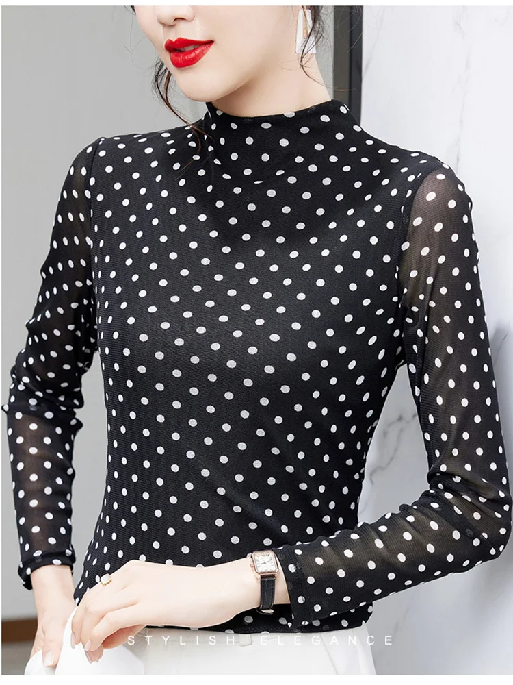 M-5XL Half High Collar Polka Dot Printed Long Sleeved T-Shirt Fashion Casual High Stretch Mesh Tops Clothes