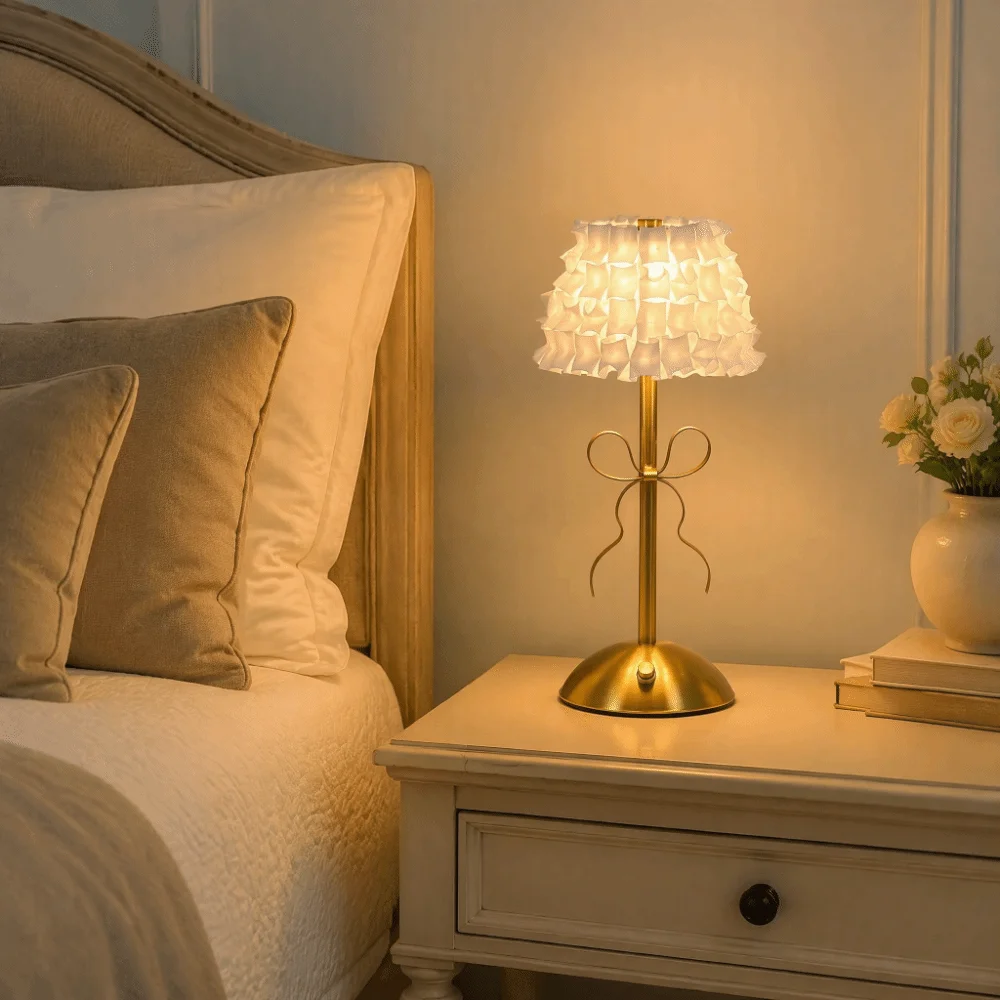 French Style Bow Table Lamp 3-color Changing Luxury Rechargeable Small Lamp Wireless Retro Artistic