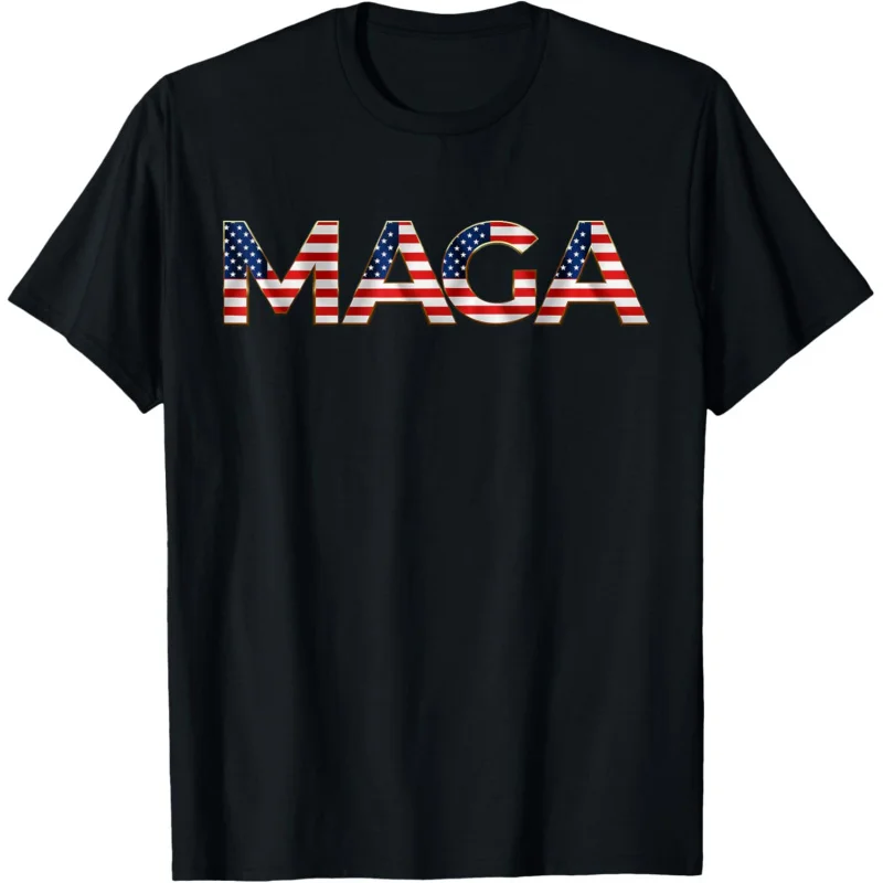 

Men's and Women's Sports and Leisure New Fashion Gift MAGA American Flag Letter July 4, 2024 President Trump Black T-shirt