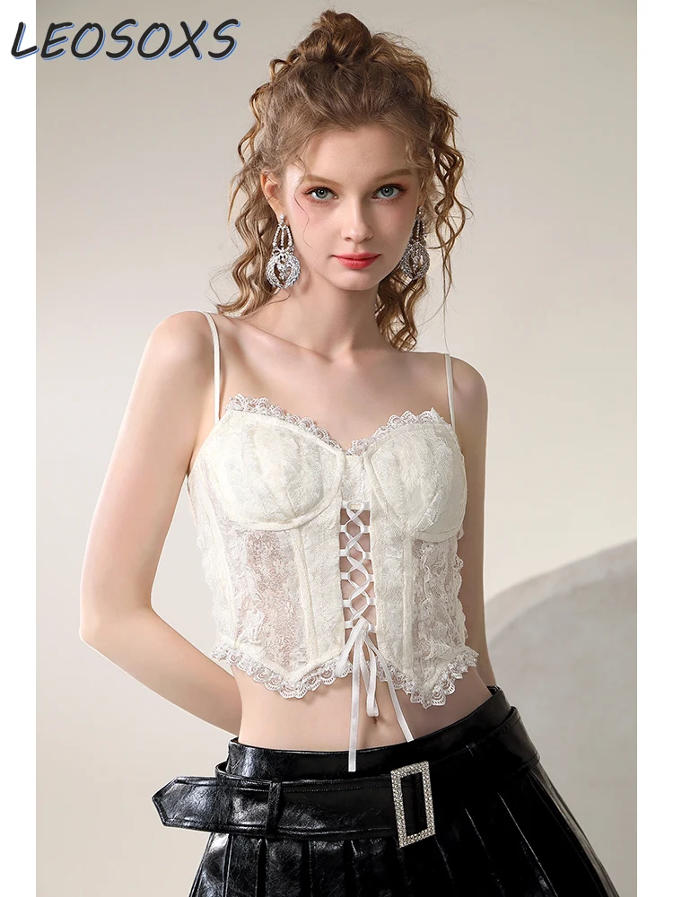 

High-End Fashionable Brand Pure Desire Style Organza Camisole 2024 Ruffles Strap Inner Lace Bottoming Shirt Vest Y2k Top Ladies