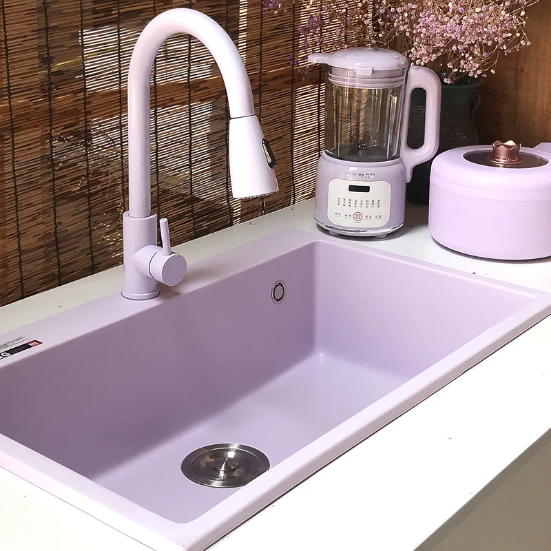 

Purple quartz stone large single slot, colored kitchen, vegetable basin, sink, seamless hand integration, warm and soft fee
