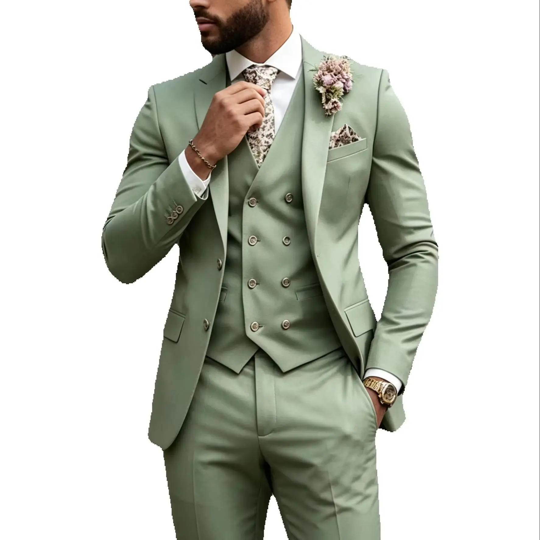 

New Business Casual Wedding Groom Best Man Dress Green Men's Suit Three-piece Set Wedding Suits for Men Elegant Men Clothes