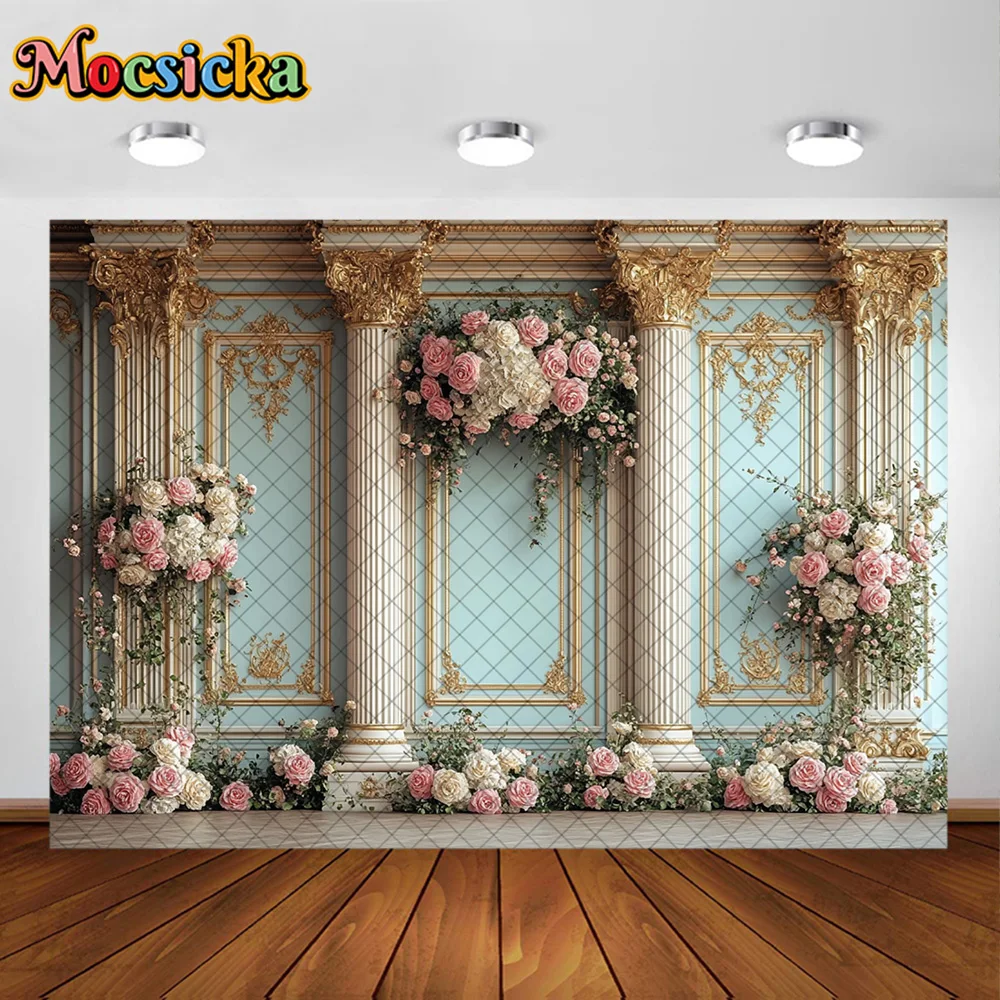 Mocsicka – arrière-plan de photographie, fleur rose, colonne dorée, décoration, gâteau de réception-cadeau pour bébé, accessoires de Studio pour Portrait de fête