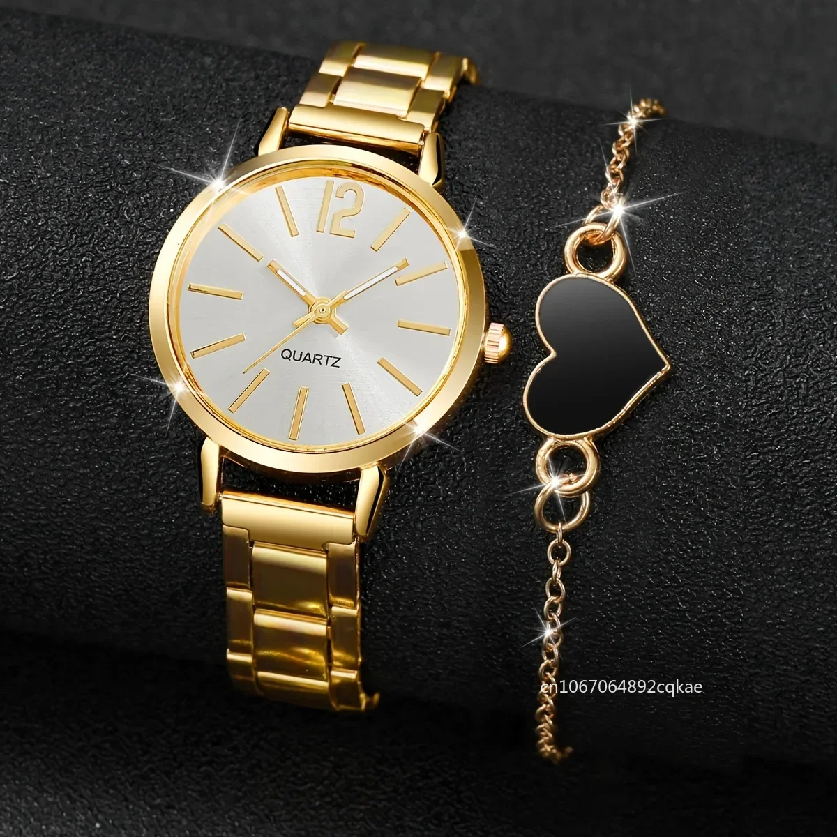 2pcs Business Fashion Quartz Watch Elegant Golden Wrist Watch Heart Charm Bracelet Set Simple Ladies Watches Relojes Para Mujer