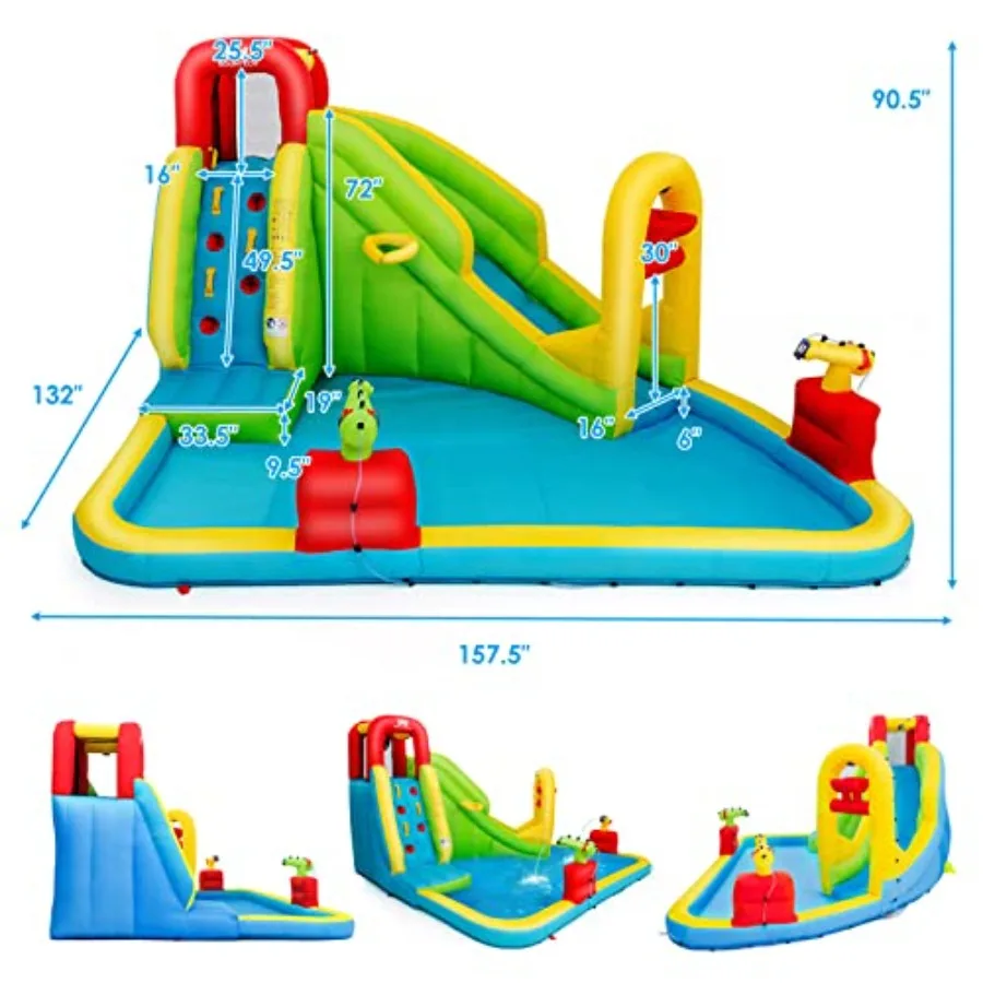 Inflatable Bounce House w/Slide, Climb Wall, Splash Pool, Water Cannon, Basketball Rim, Large Water Slide Park for Summer Indoor