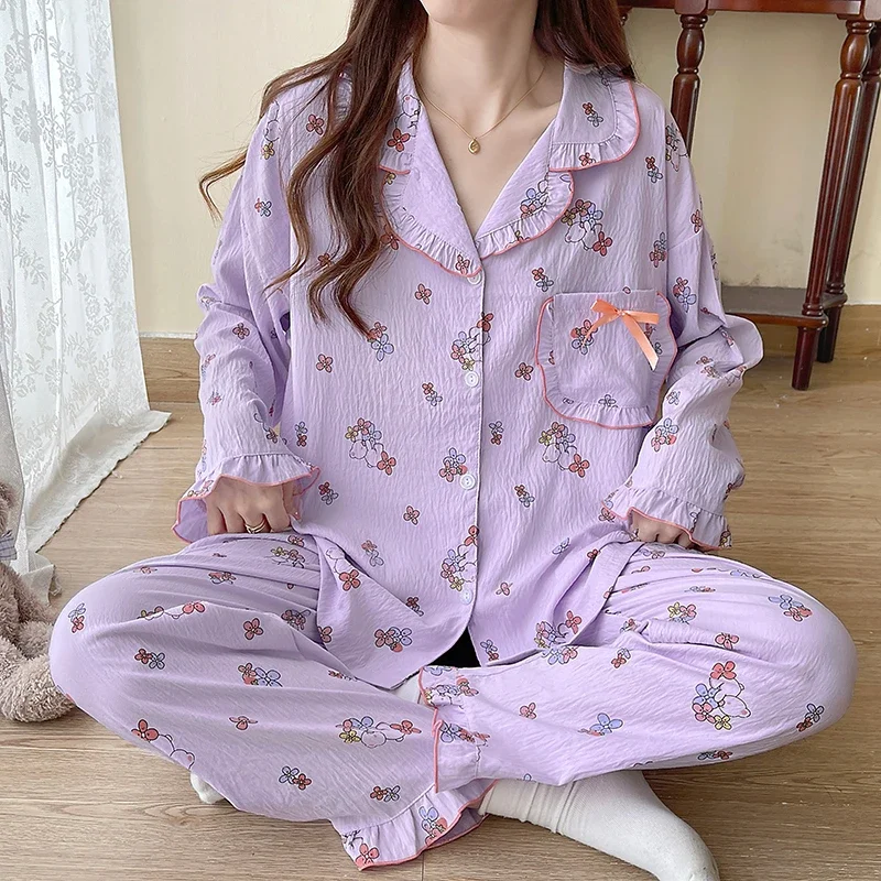 Plus Size Pajama Mujer Cherry Print Sleepwear Set Long Sleeve Top Pants Ruffle Homewear Skin-Friendly Breathable