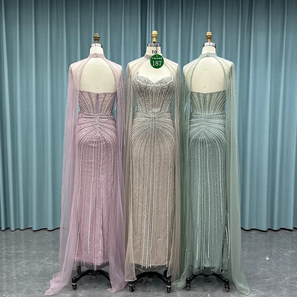 

YQLNNE 0187 Pink Handmade Rhinestones Evening Dress Mermaid Pageant Gown With Shawl