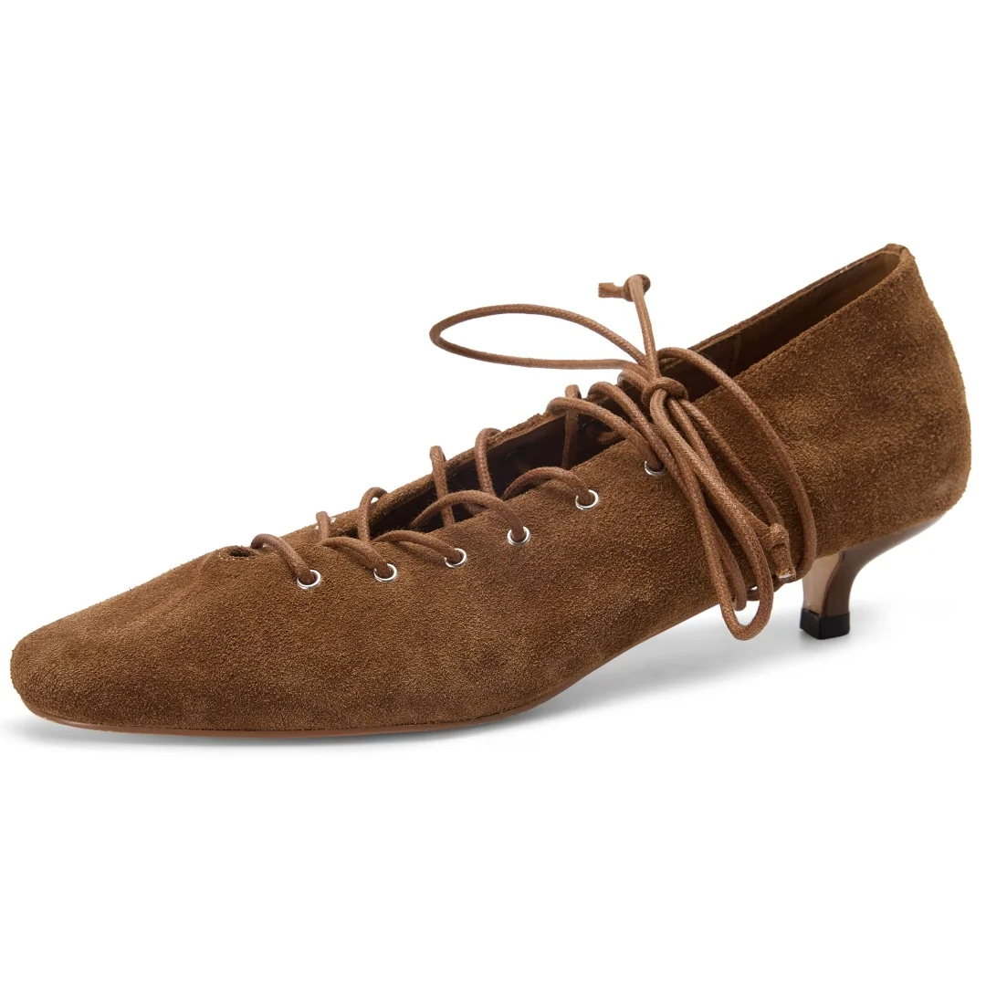 Women's natural suede leather square toe lace-up pumps 3.5cm kitten heel elegant ladies slim daily dress heeled shoes for woman
