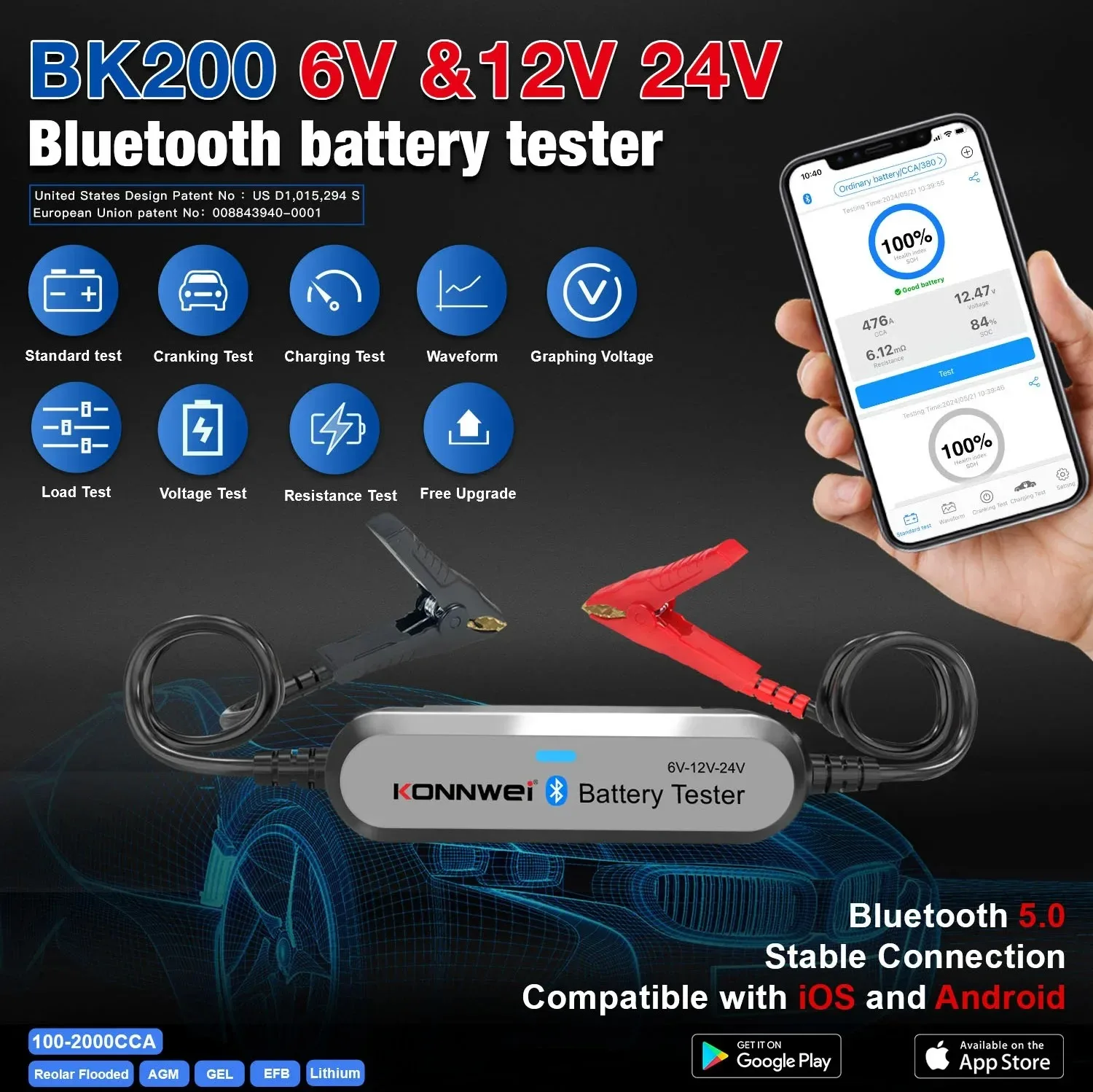 

2026Newest KONNWEI BK200 Enhanced Version B-luetooth 5.0 Car Motorcycle Battery Tester 6V12V 24 Battery Analyzer Car Accessories