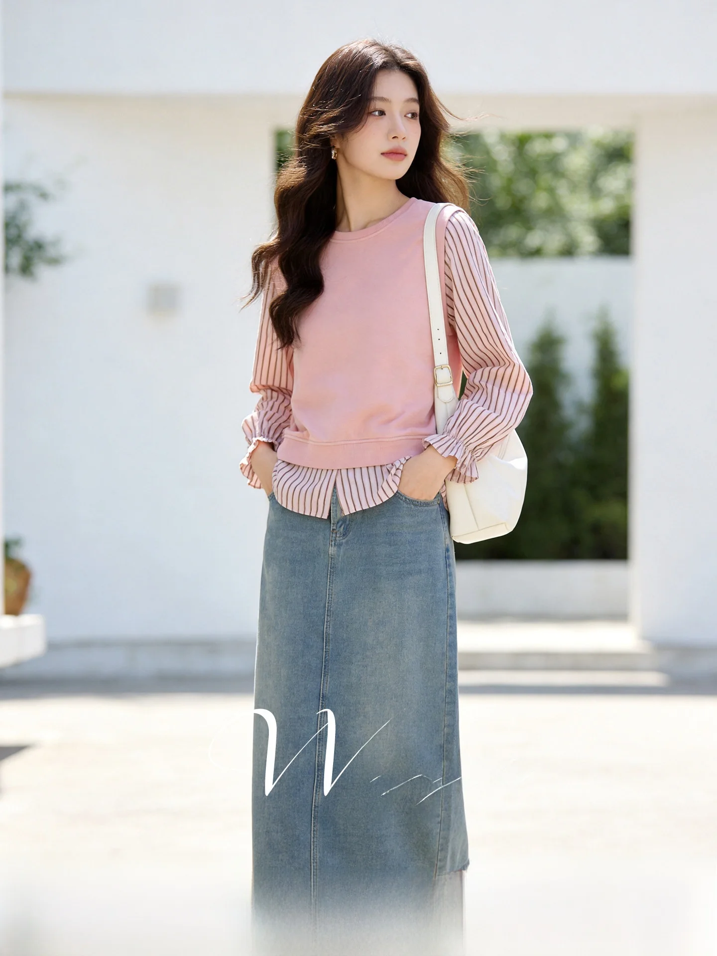 

Stylish Spring Outfit Large Size 2026 New Spliced Stripes Long Sleeve Top Denim Skirt Women's Set Casual Commute Cotton