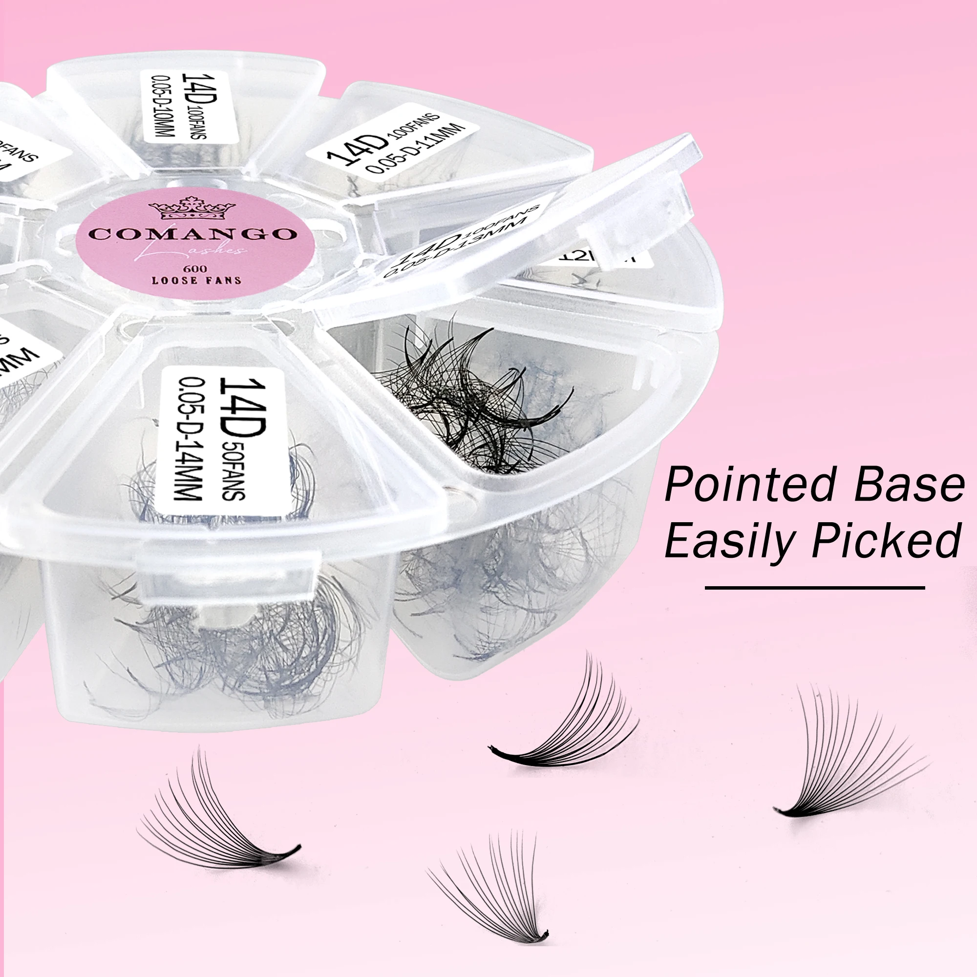 CoMango 3D do 16D 600Fans Sharp Slim Narrow Stem Premade Volume Pointy Base Eyelashes Extension Loose Thin Russia Volume Lash