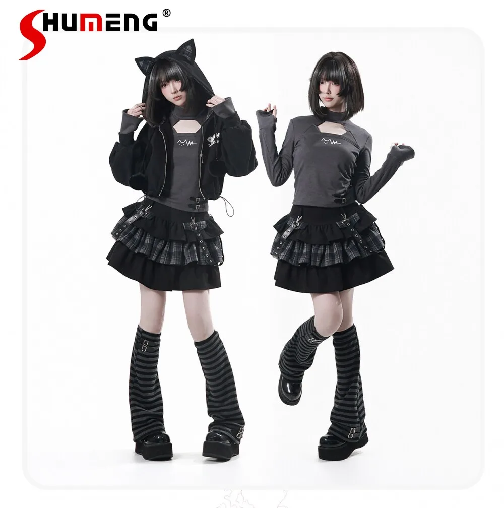 

Оригинальные укороченные толстовки-куртки Highstreet Sweet Cool Girl с капюшоном в клетку, с кошачьими ушками, на молнии, с завязками, универсальные, женские, весна 2026