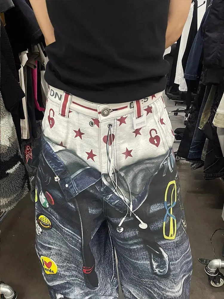 

Goth 3D Printed Jeans for Men Street Style Harajuku Hip-hop Vintage Baggy Jeans Men Casual Wide Leg Y2k Pants Men's Jeans