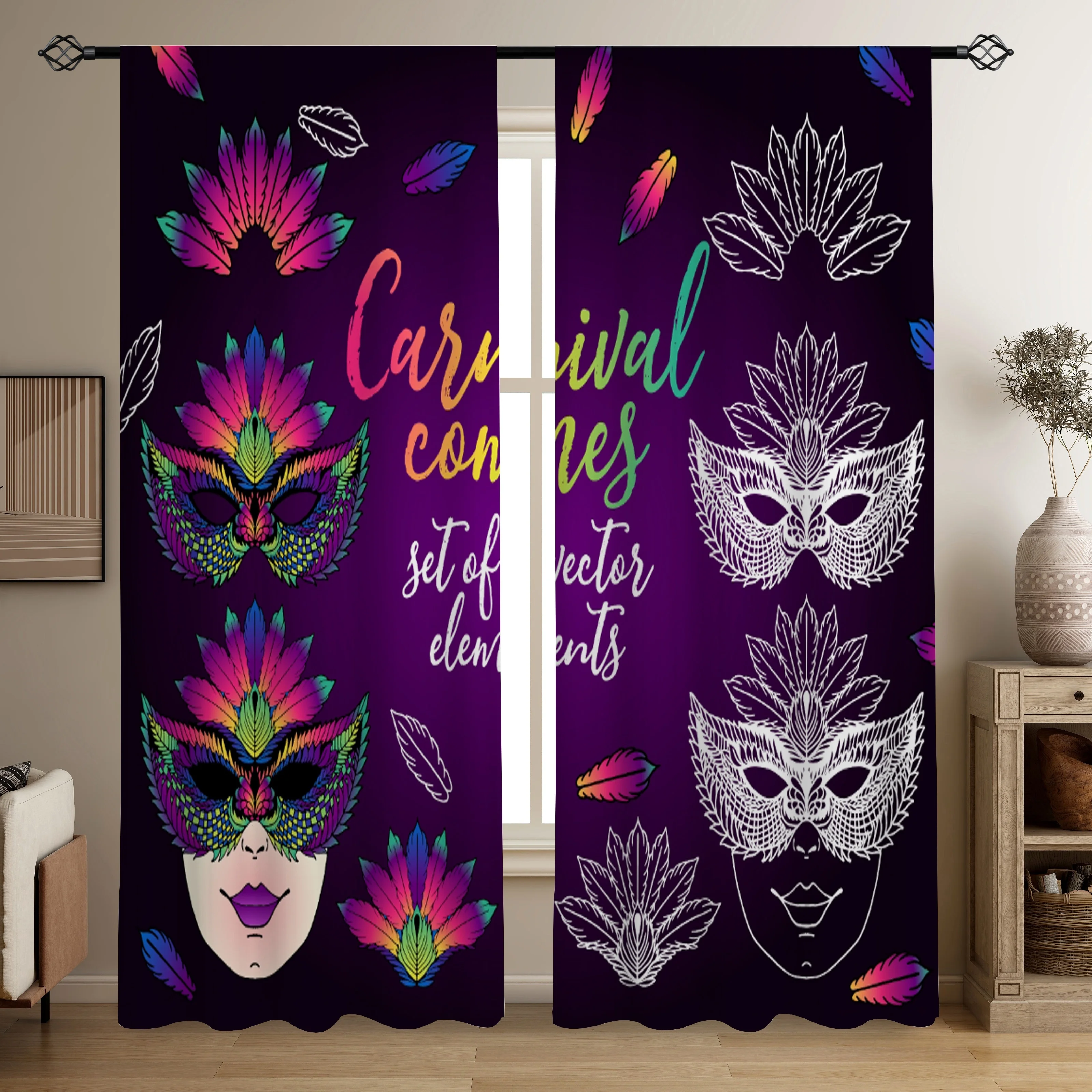Colorful Carnival Mask Curtains Purple Party Masquerade Window Drapes Festive Decor Blackout Fabric for Living Room Bedroom Home