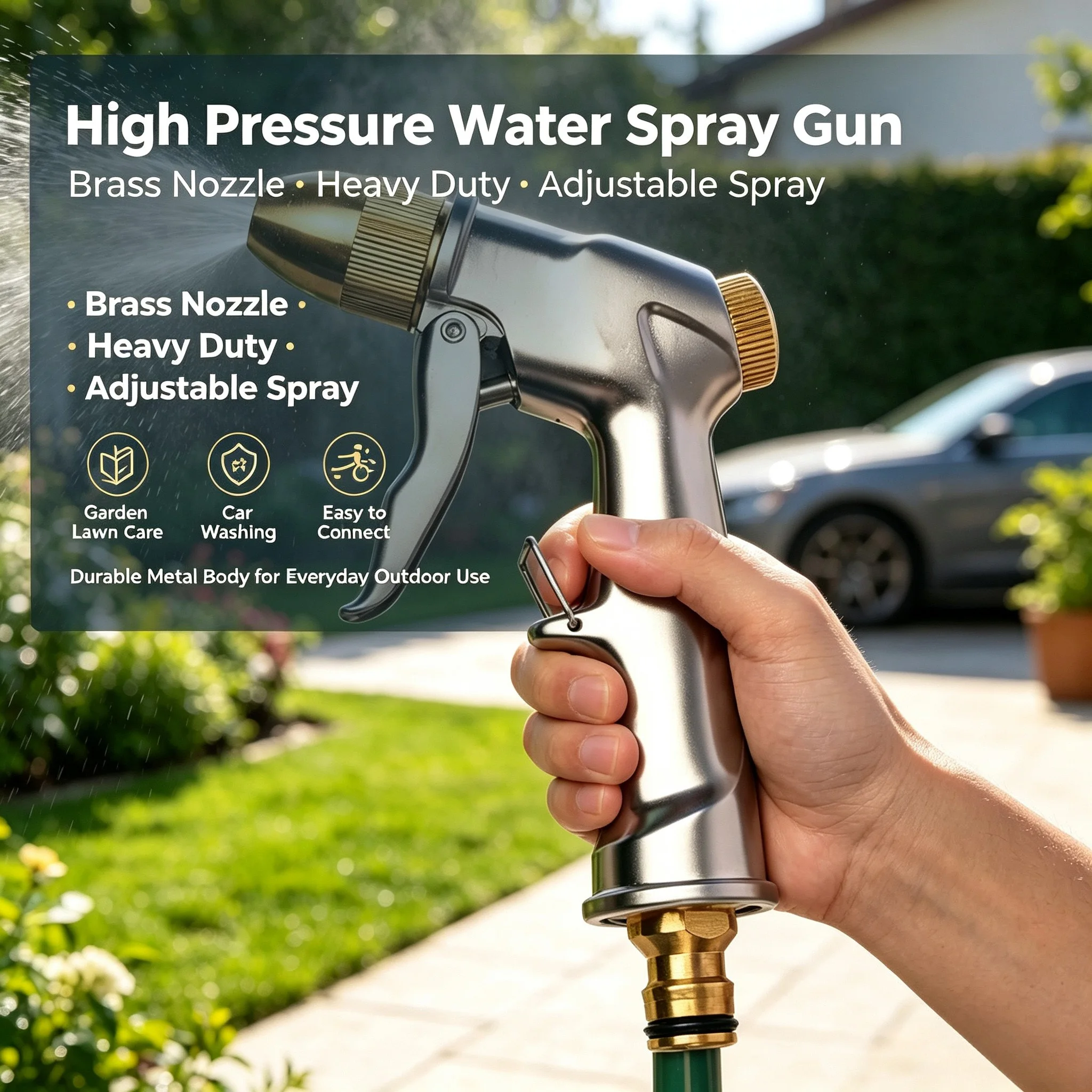 Metal Brass High Pressure Water Spray Gun Adjustable Nozzle Handheld Sprayer for Garden Lawn Car Cleaning