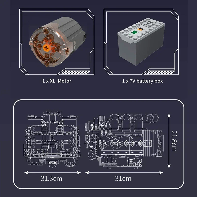 Horizontal übergegossene Flachmotor V8 Baustein-Kits, Bauspielzeug, Motorantrieb, visuelle Simulation, 3D-Automodell, Sammlung, Geschenk