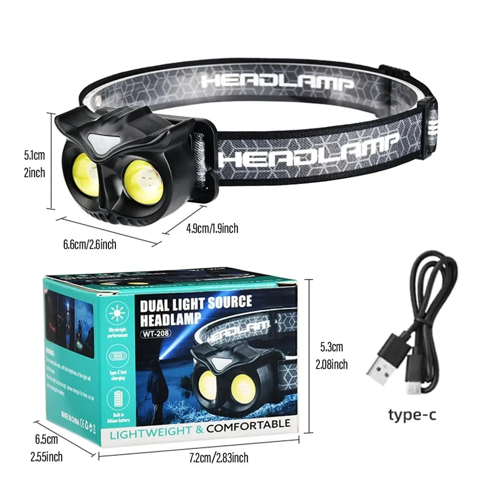 COB Owl Headlamp Waterproof USB Rechargeable Headlight with Hook and Magnetic for Adults Children Running Fishing Riding Camping