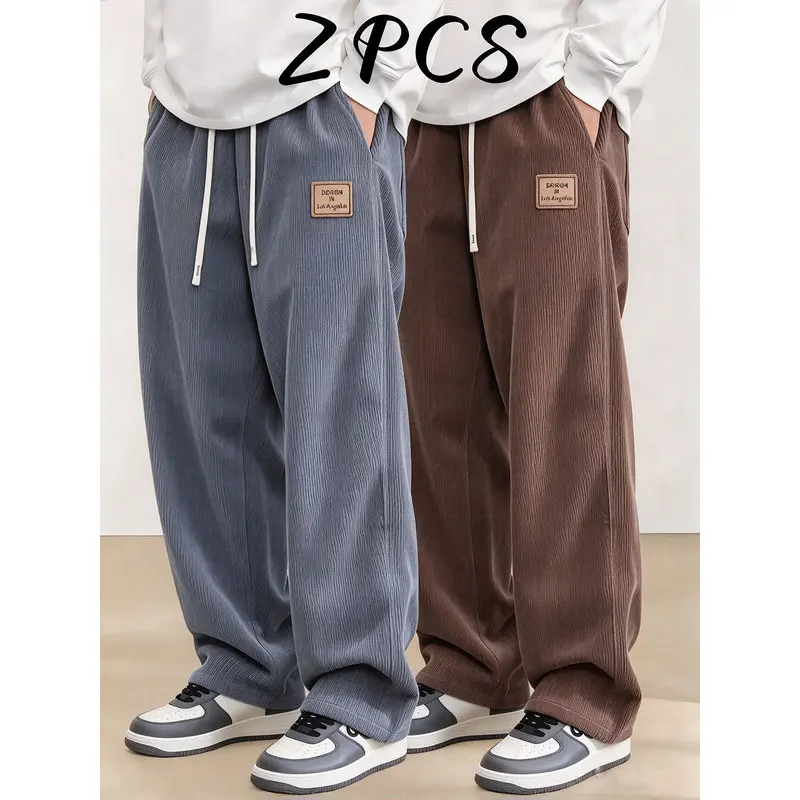 Man Pants 2-Pack Men's Solid Color Retro Style Loose Corduroy Straight Trousers Cold Weather Winter Male Sports Clothes Thermal