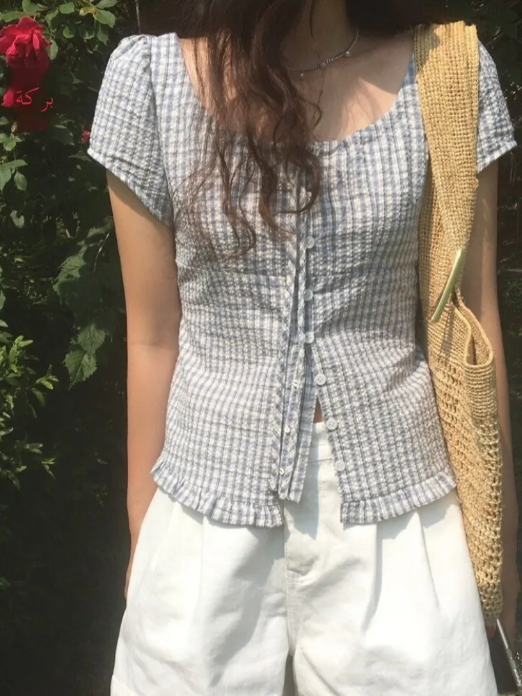Chic Plaid Shirt Women's Summer 2026 New Cute Wood Single Button Short Sleeve Top Commute Style Straight Cut Regul...