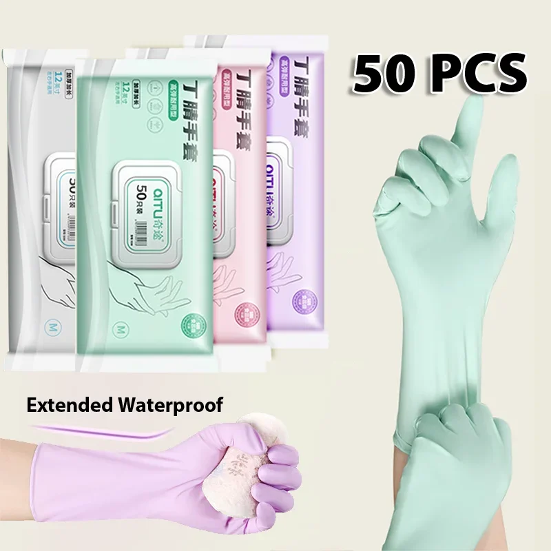 50pcs Nitrile Dishwashing Gloves Household Cleaning Kitchen Food Grade Disposable Household Waterproof Work Silicone Long Glove