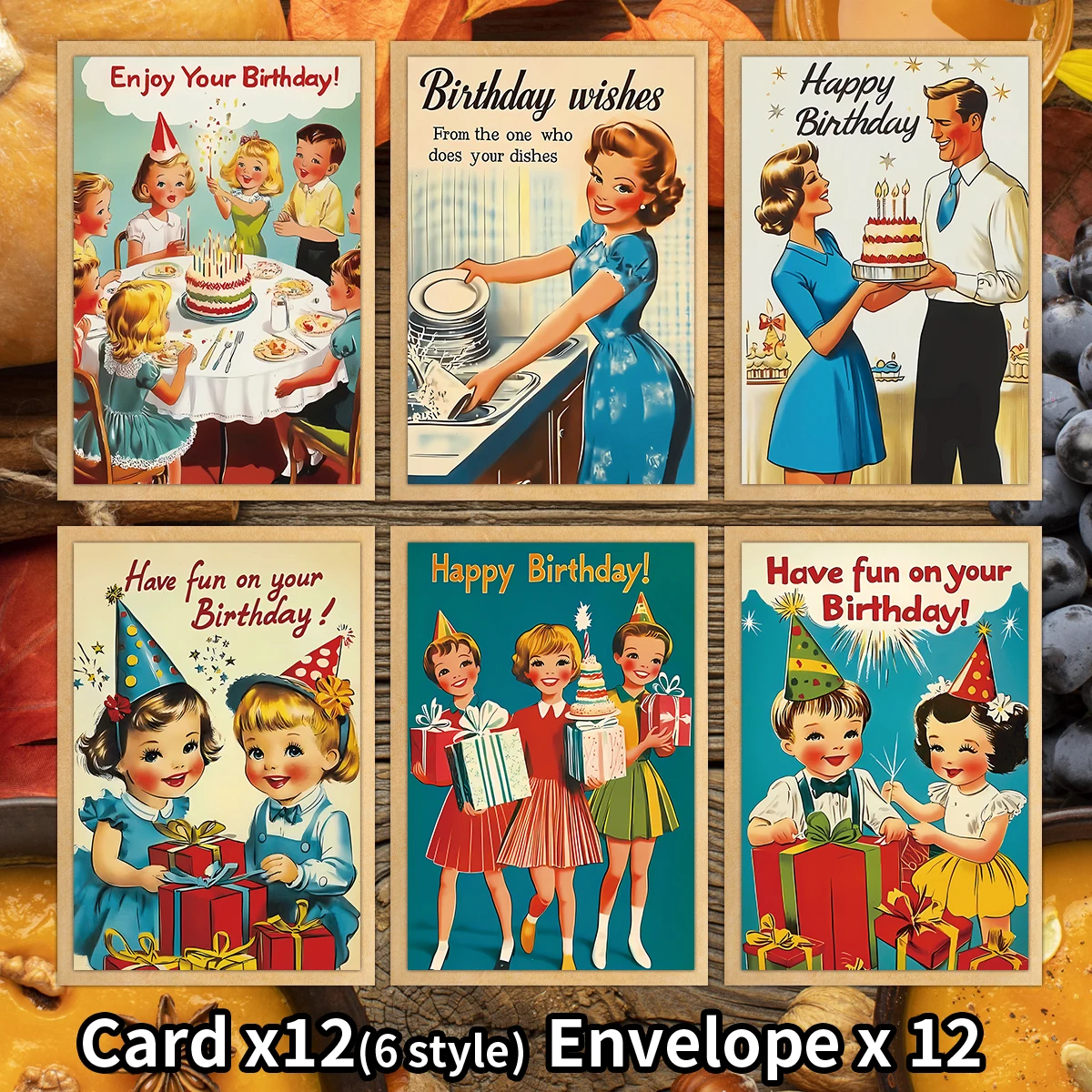 12 Stück Vintage-Geburtstags-Grußkarten mit Umschlag – klassisches Geburtstagsmoment-Design, Geburtstagsversammlung zum Versenden nostalgischer Wunsch