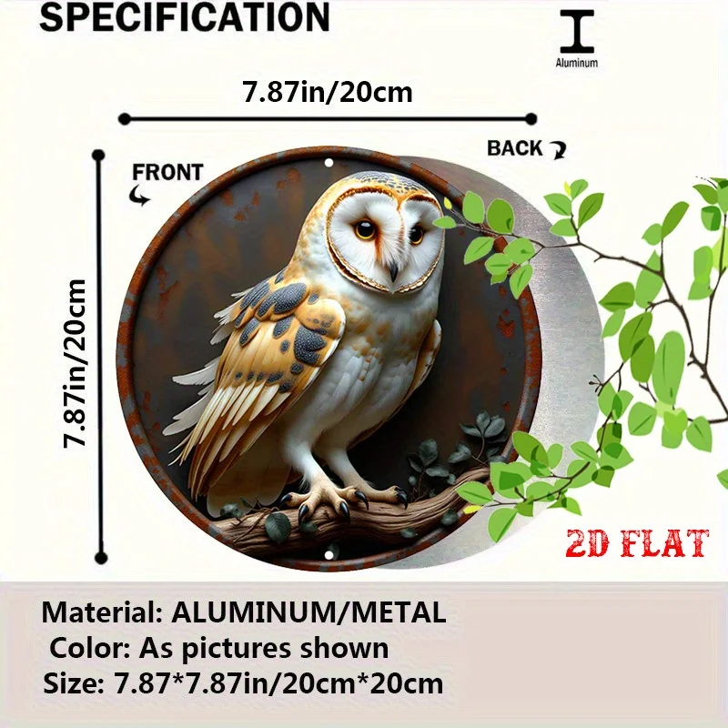 2D Flat - Unique 2D Flat Round Aluminum Sign Featuring Nocturnal Wisdom, Designed As a Rustic Metal Wall Art Piece with an Owl