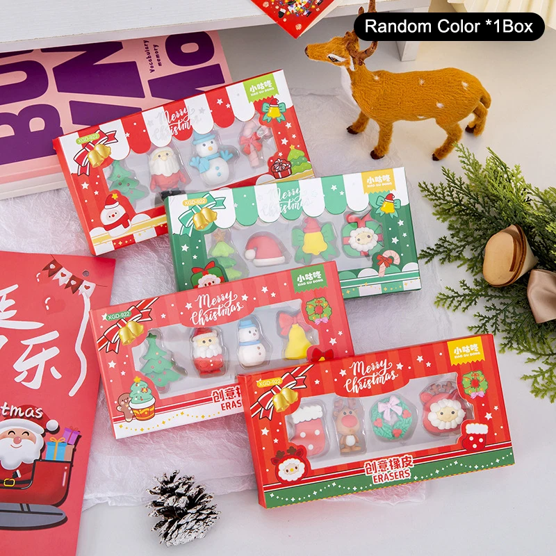 4Pcs/set School Supplies Cartoon Cute Santa Claus Snowmen Christmas Tree Eraser Student Stationery Creative Christmas Gifts