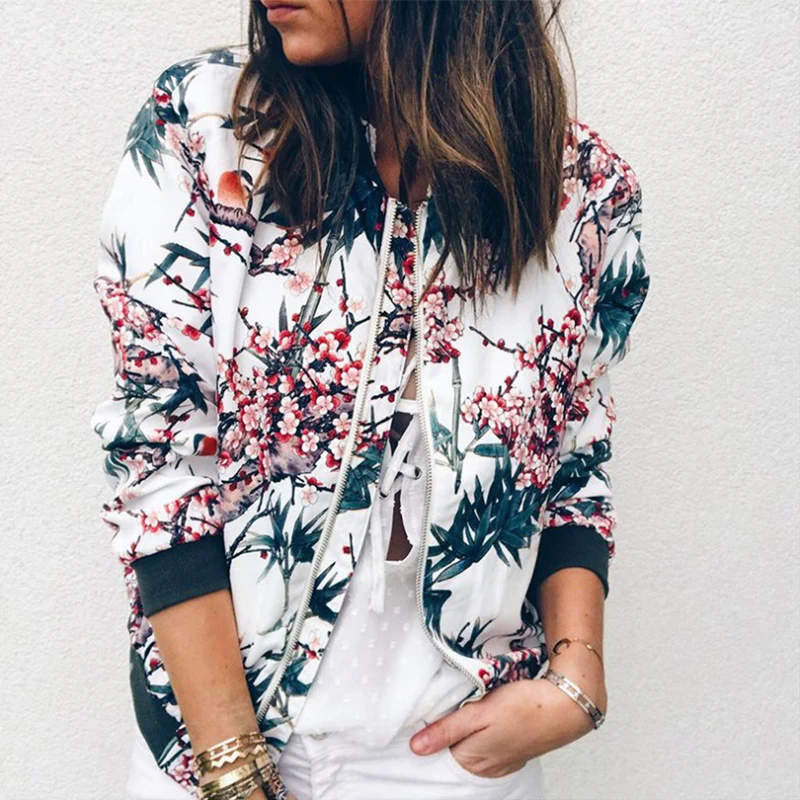 Floral Printed Women Jacket Autumn Winter Fashion O Neck Long Sleeve Zipper Pocket Casual Coats Bomber Outwear Streetwear