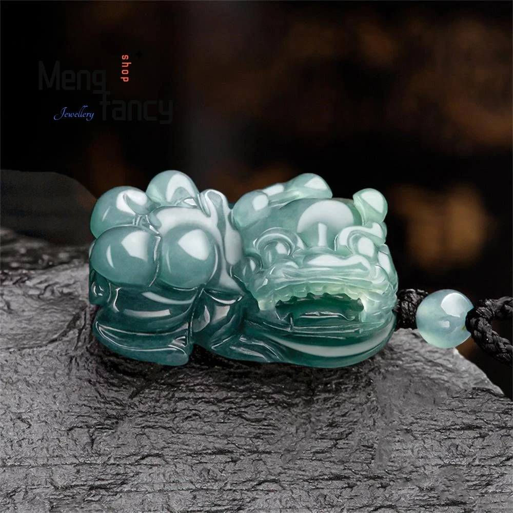 Natural A-goods Jadeite Glutinous Blue Water Small Bully Inviting Wealth Pixiu Jade Pendant Exquisite Engraver Fashion Jewelry