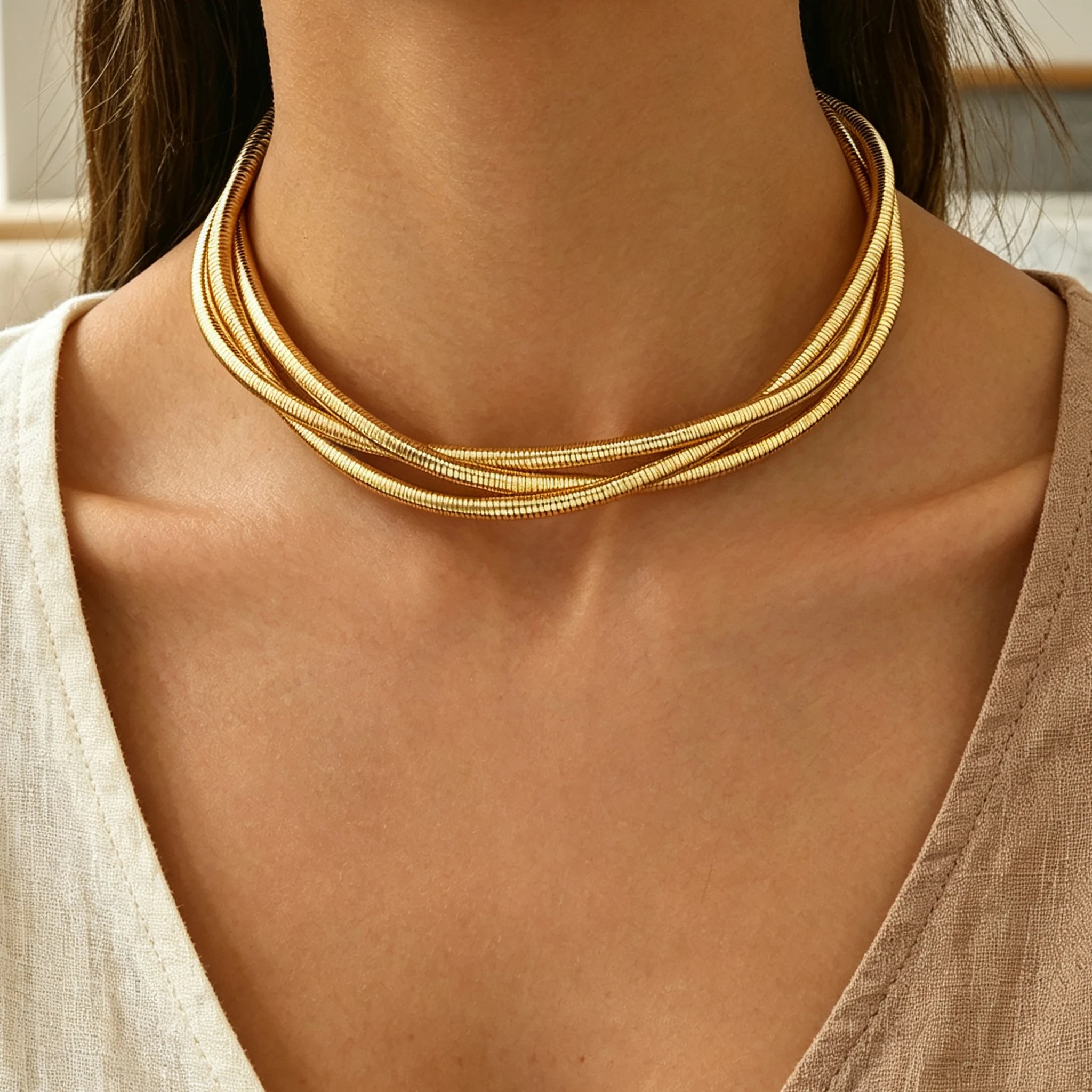 Minimalist Intertwined Spring Wire Choker Necklace Multi Layer Twisted Metal Collar Mixed Tone Elegant Daily Women Neck Jewelry