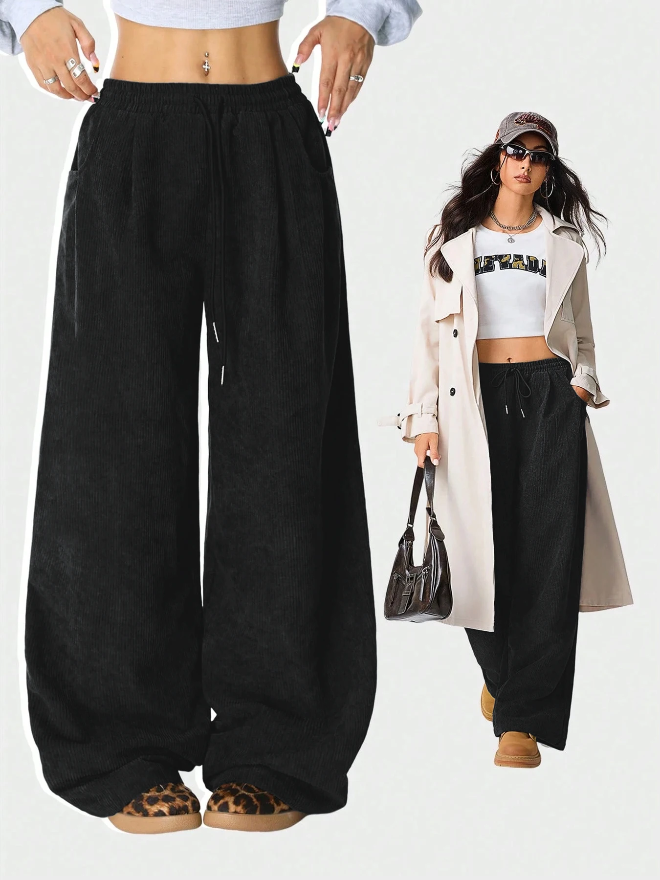Damen Retro Cord Cargo-Hose Lässige Kordelzug Gerade Sporthose Fließende Alltags-Pendlerhose mit Weitem Bein – Detail 2