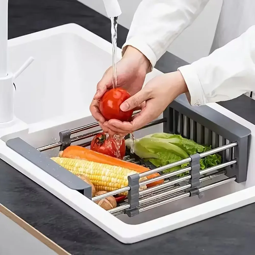 Expandable Stainless Steel Sink Drain Basket,Collapsible Kitchen Dish Drying Rack with Draining Filter Grid,Sink Organizer Tray view 3