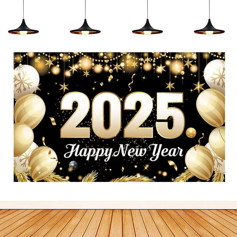 

New Year Banner 2025 2025 Banner For New Years Eve Black And Gold Balloon Theme 70 X43 Inches New Year Parties Decoration