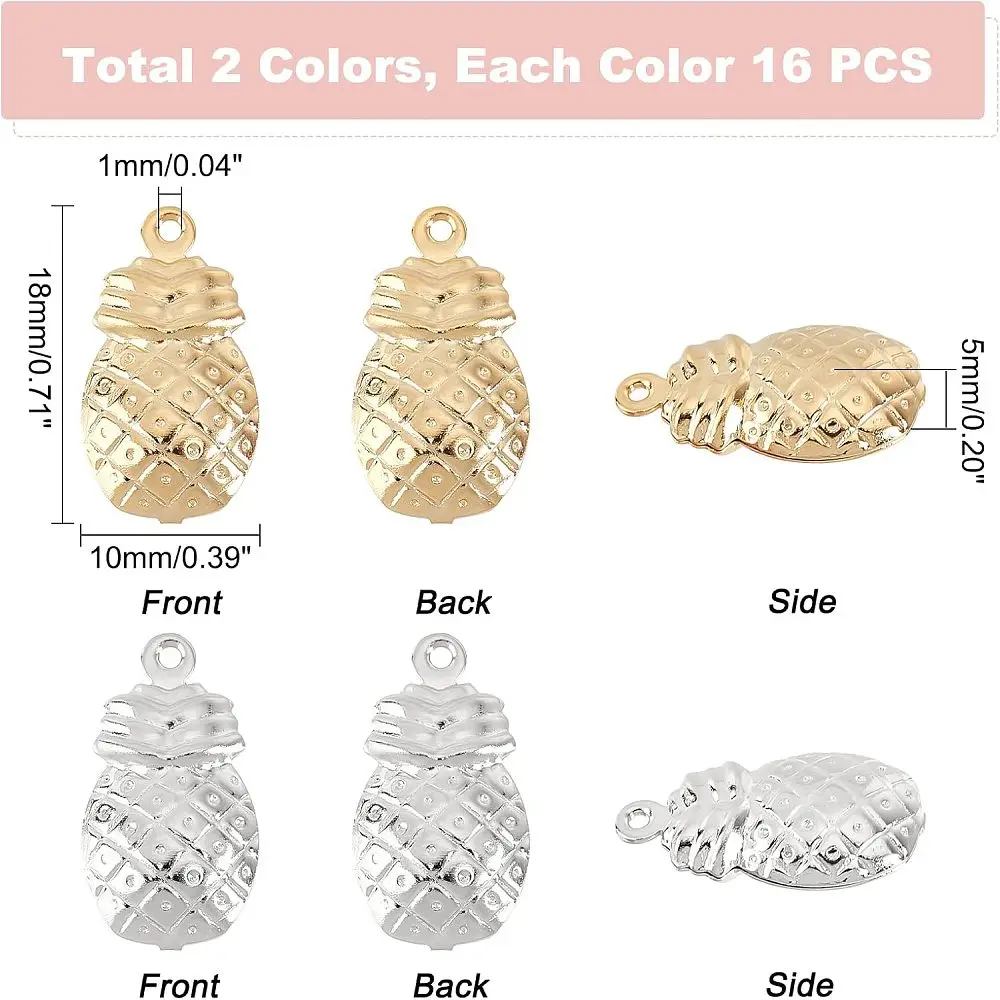 32pcs Pineapple Charms Cute Ananas Fruit Pendants 2 Colors Brass Pineapple Fruit Dangle Charms 18x10 mm Bromeliaceae Charms