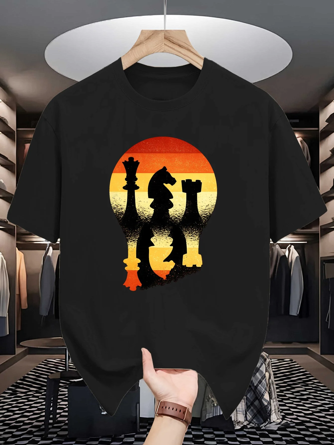 Chess Silhouette Sunset Lightbulb Print Mens Crew Neck T Shirt Vintage Board Game Graphic Short Sleeve Casual Cotton Daily Tops