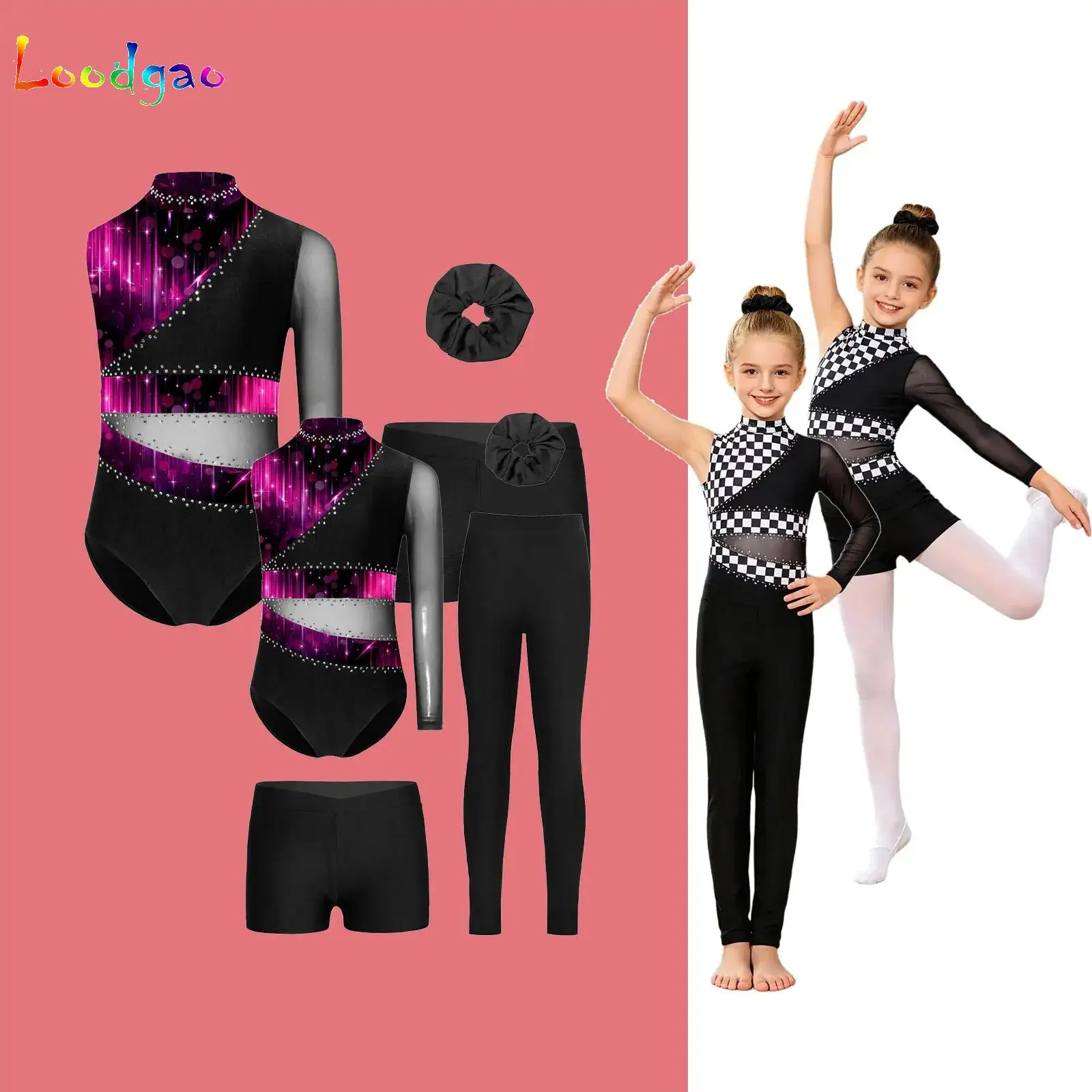

Girls Sparkly Rhinestone Gymnastics Leotard Outfits Ballroom Ballet Figure Skating Costumes Long Sleeve Bodysuit Shorts Suit