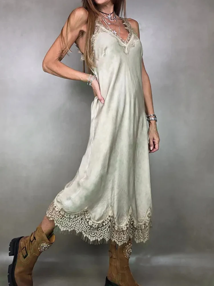 Spaghetti Strap Sexy Lace Patchwork Maxi Dress, Women Summer Sleeveless Elegant Party Dress, 2025 Holiday Fashion Ladies Dress