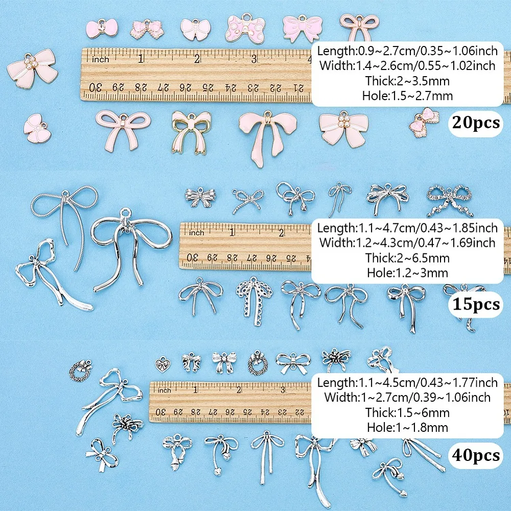 

75Pcs 3 Styles Style Alloy Pendants Bowknot Charms Mixed Color 9~46.5x9.5~42.5x1.5~6.5mm Hole: 1~3mm