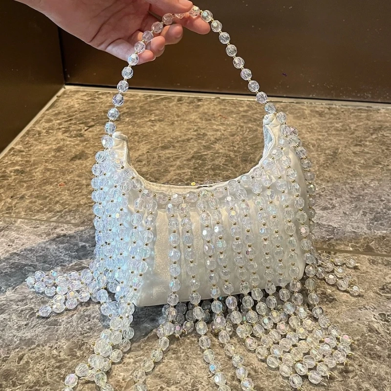 

Transparent Acrylic Beaded Tassels Evening Bag Luxury Designer Hobo Handbag Banquet Party Silk Satin Underarm Clutch Bag