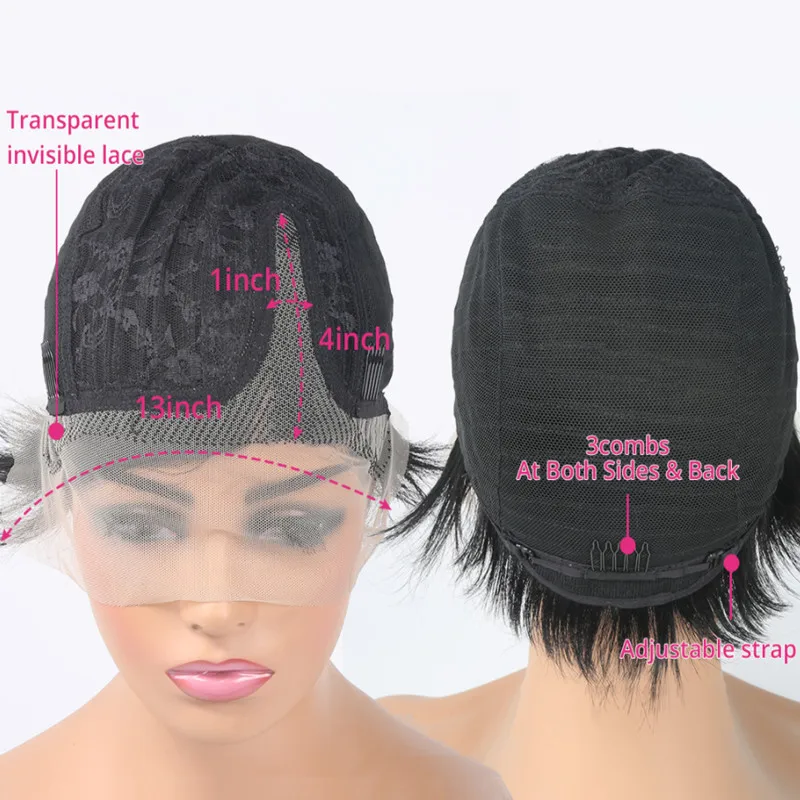 شعر مستعار بوب قصير بقصة بيكسي للنساء ، شعر بشري مستقيم ، شعر مستعار بدانتيل أمامي ، 13 × 4 × 1