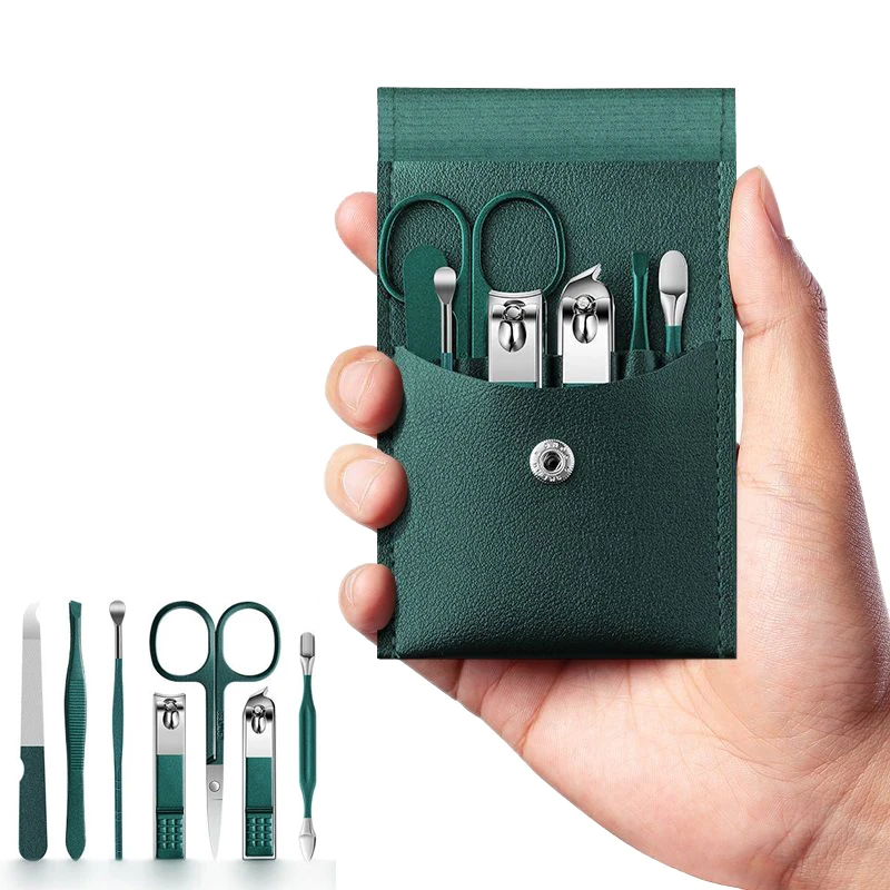 

7 Pcs Green Portable Manicure Sets Pedicure Kits Nail Clipper Set Eyebrow Scissors Earpick Personal Care Tools Traval