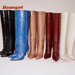 Crocodile Pattern Thin Heel Boots Pointy Toe Slip On Knee High Boots for Women Winter Newest Patchwork Customize Casual Shoes