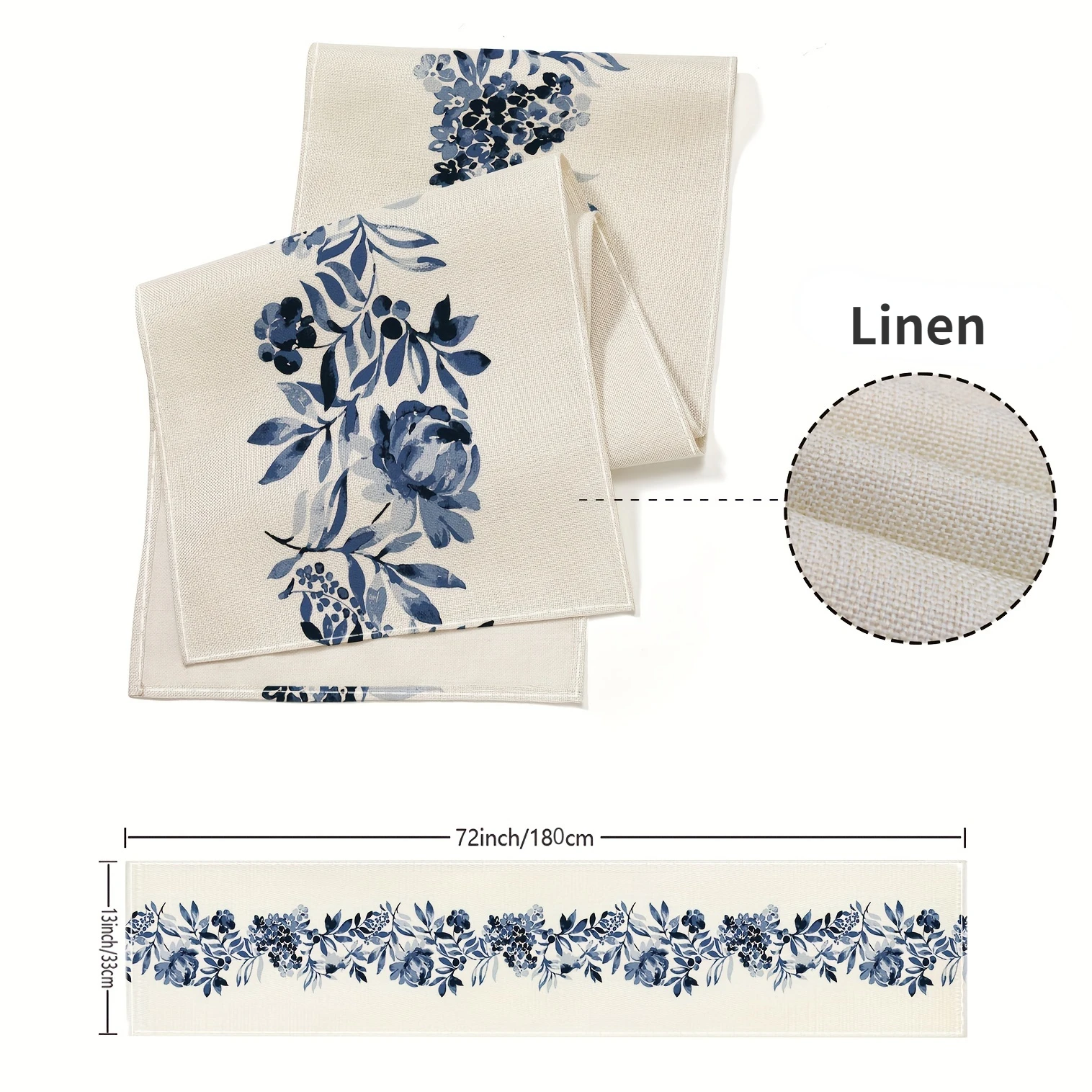 Boho Blue Flowers Linen Table Runners Dresser Scarf Table Decor Kitchen Dining Table Decor Farmhouse Holiday Wedding Party Decor