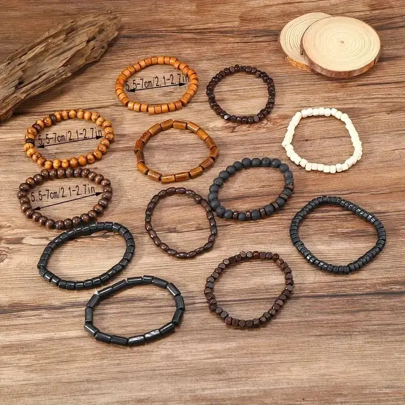 24pcs/set Men\'s Retro Trendy Multi-layer Bracelet Set, Versatile Elastic Thread Wooden Bead Bracelet