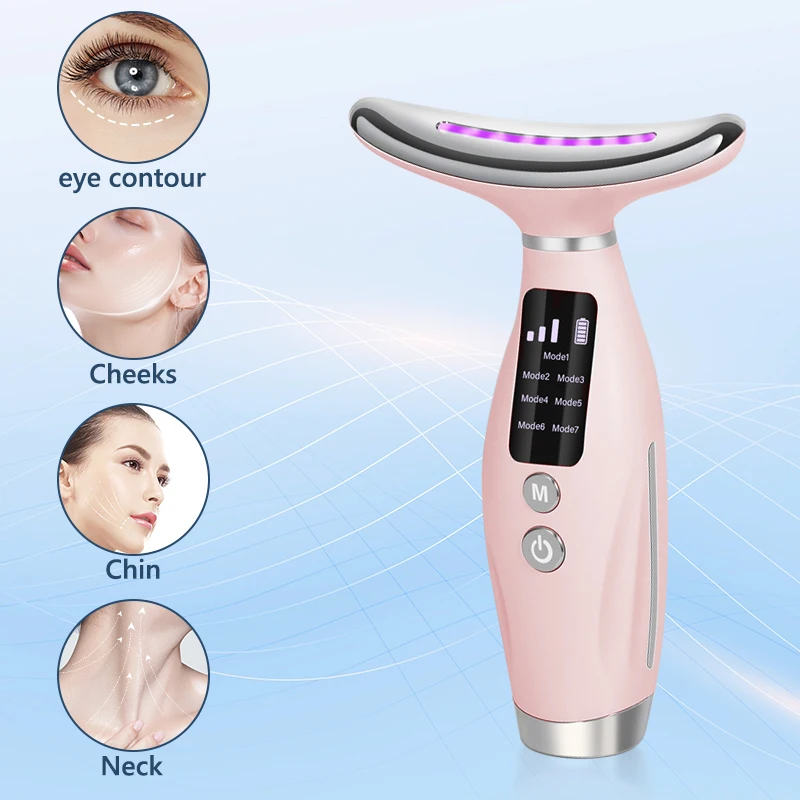 جهاز تجميل الوجه للرقبة بالتيار الصغير EMS، جهاز تدليك الوجه بـ 7 ألوان لتعزيز العناية بالوجه والرقبة والكتف مع اهتزاز #2