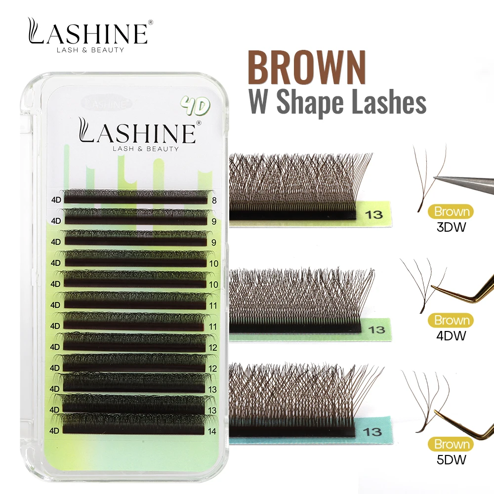 Lashine 4D W على شكل رمش تمديد Cilios Brown 4DW 0.07mm D Curl Mix (8-14mm) حجم الرموش مع ملحقات الرموش