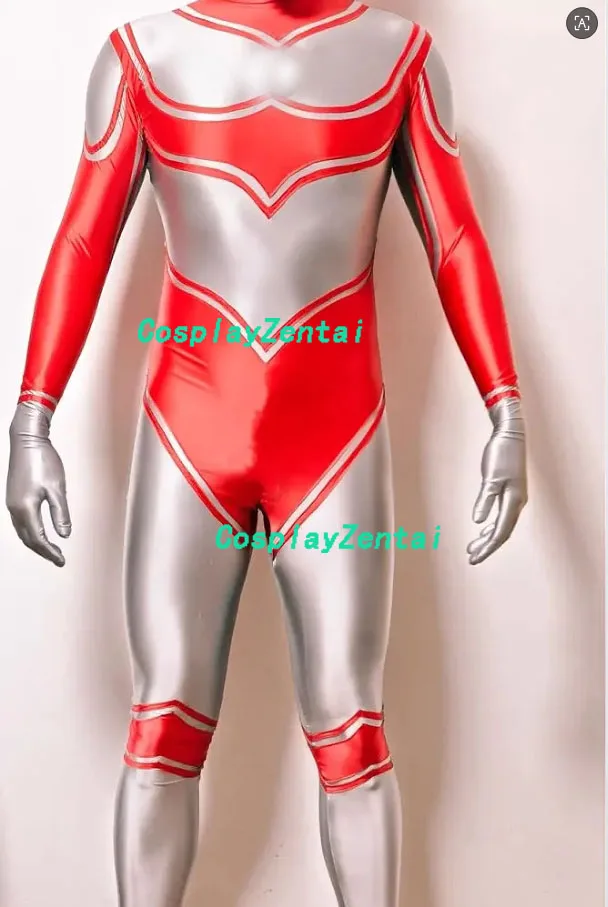 Silver and Red Shiny Smooth Oil Spandex Cosplay Zentai Bodysuit High Quality Halloween Costumes Woman/Men Zentai Suit