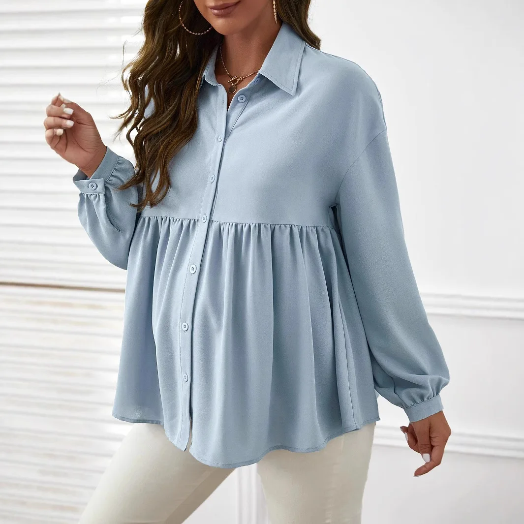 

Одежда для беременных, женская весенняя мода, однотонные рубашки для беременных, блузка с длинными рукавами и рюшами с лацканами